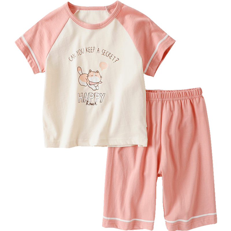 俞兆林（YUZHAOLIN）儿童睡衣男女童短袖套装家居服纯棉夏季薄款可外穿 字母小猫妃红