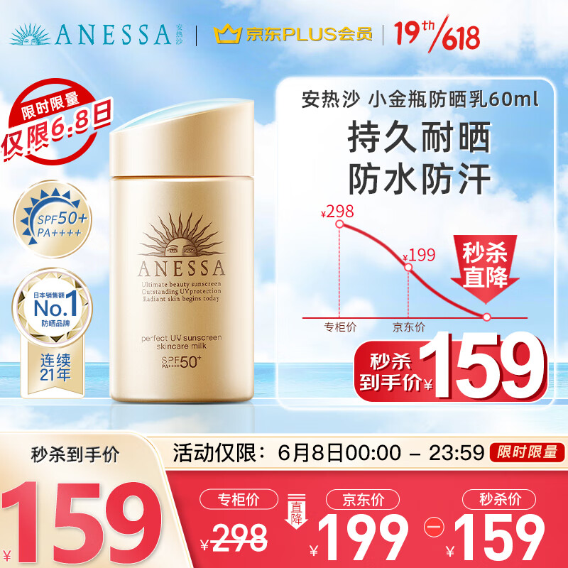 【PLUS会员专享】日本进口 安热沙(Anessa) 小金瓶防晒乳60ml (防水防汗 清透养肤防晒霜男女)