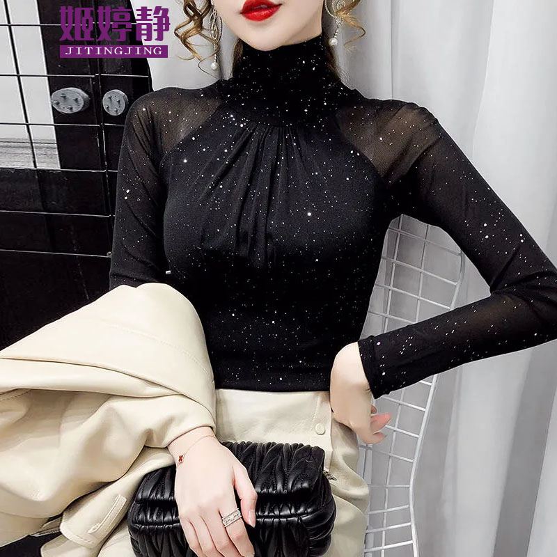 姬婷静 秋冬网纱打底衫女蕾丝性感紧身洋气高领上衣 黑色常规 XL