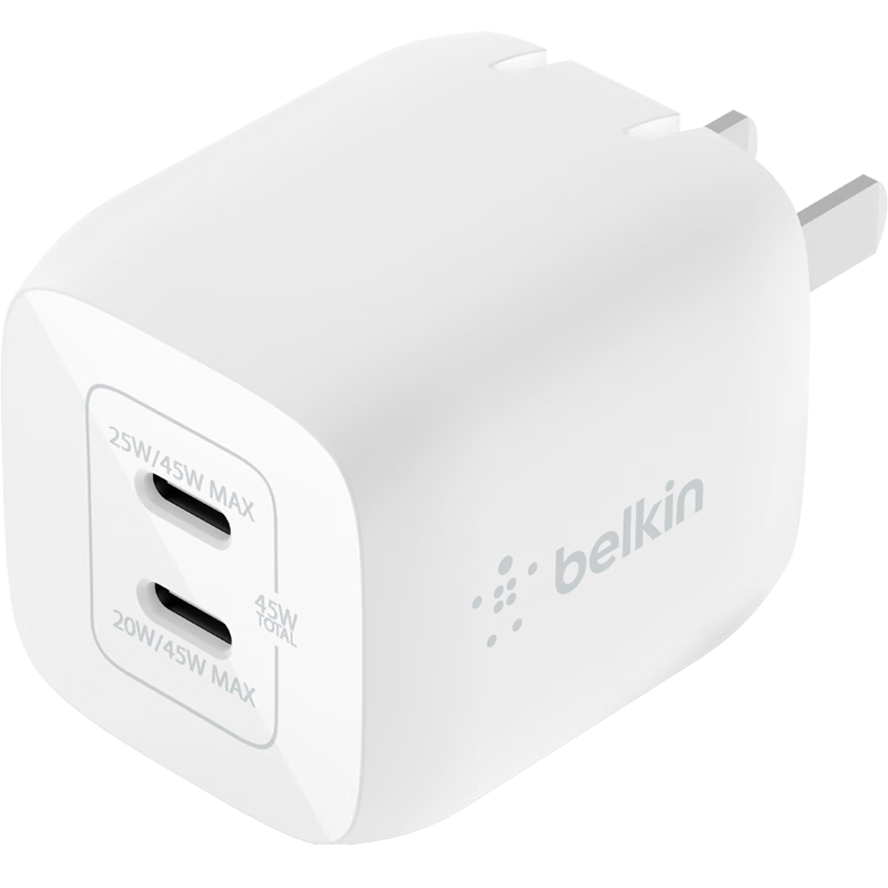 贝尔金（BELKIN）氮化镓PD快充65W双口充电器苹果iPhone14/13/12系列电源适配器Type-C双口充电器