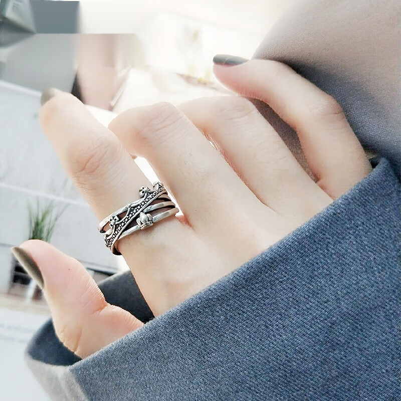 嘉宴食指戒指女款个性s925银轻奢皇冠韩版时尚指环复古潮宽保色开环