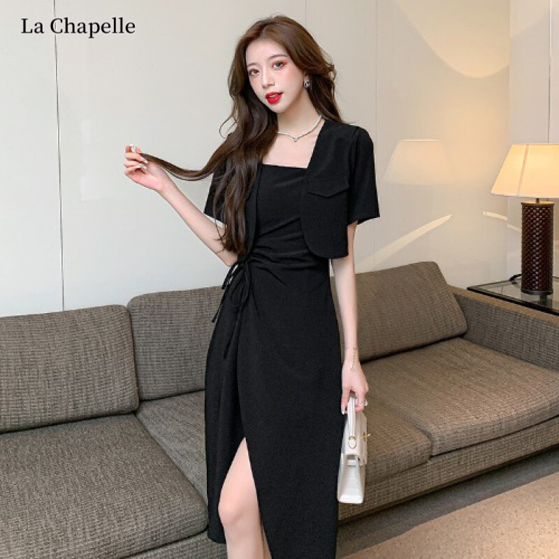 裙两件套套装裙搭配中长款开叉收腰连衣裙套装时尚官方专柜女装 黑色