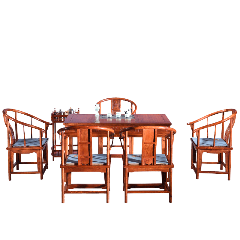 木恒盛红木家具缅甸花梨学名大果紫檀明韵茶桌中式仿古明清功夫茶台茶几 大果圈椅茶桌7件套