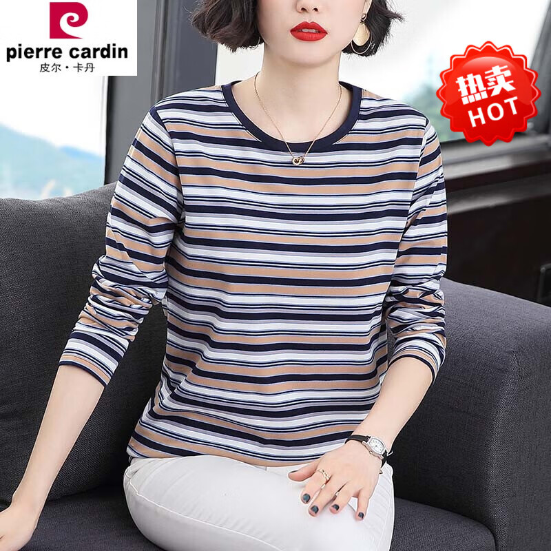 条纹长袖t恤女中年妈妈装2021年秋季新款棉百搭体恤衫女士上衣优雅舒