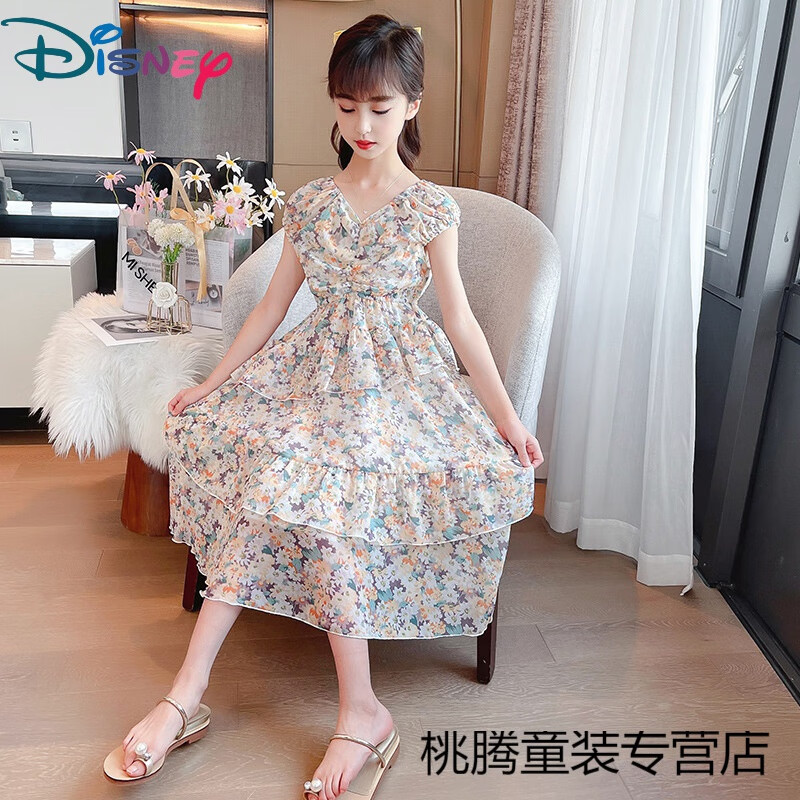 迪士尼(disney)女童连衣裙2024新款夏装中大儿童4-14岁小女孩雪纺公主