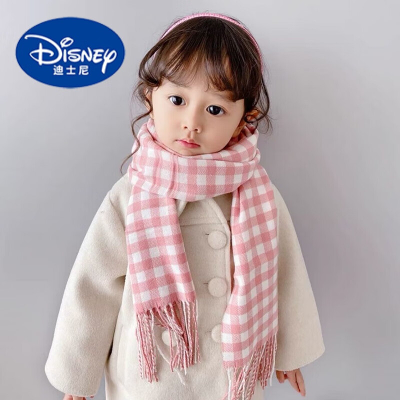 迪士尼（Disney）儿童围巾秋冬加厚保暖围脖格子男女童毛球幼儿围脖冬流苏宝宝围巾 毛球款-驼色细格