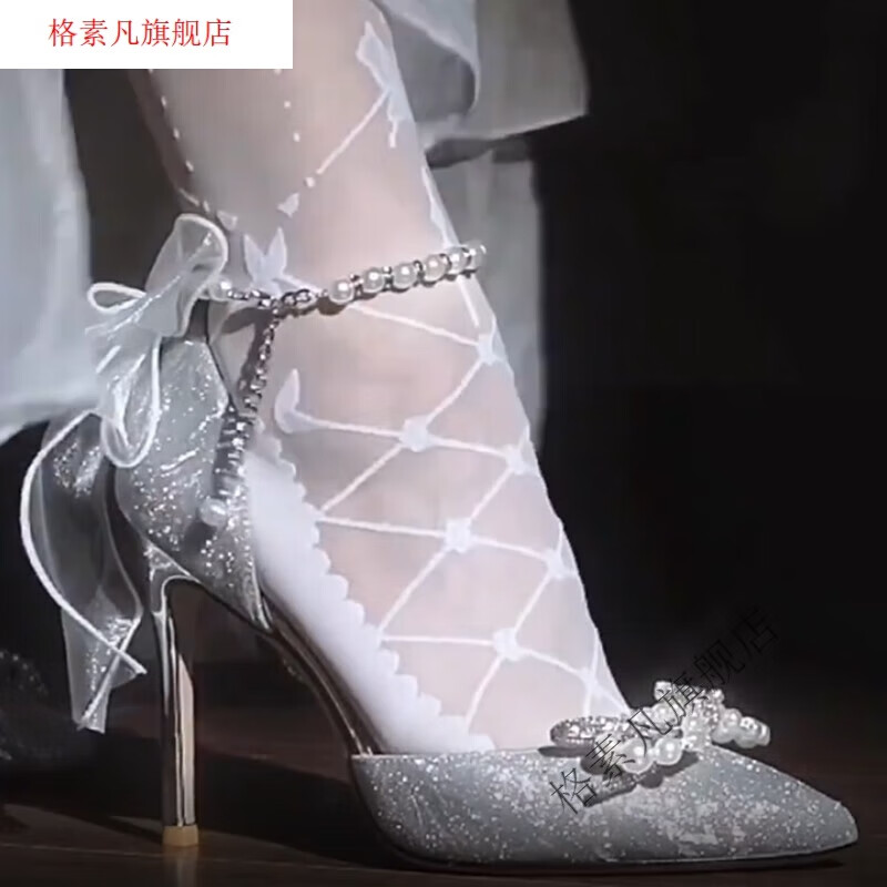 格素凡洛丽塔高跟鞋细跟lolita鞋珍珠蝴蝶结银色中空凉鞋18岁成年礼