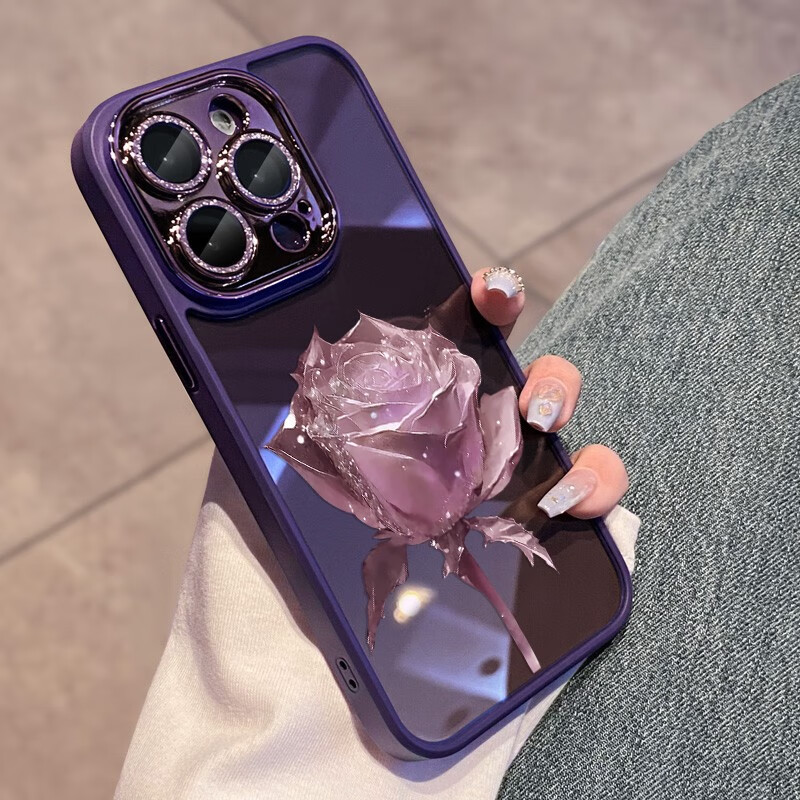 初黎适用于苹果15promax手机壳iPhone14promax自带闪粉镜头膜全包防摔15pro网红高档紫玫瑰透明女神13 苍岭绿花苞粉玫瑰自带闪粉镜头膜 iPhone12