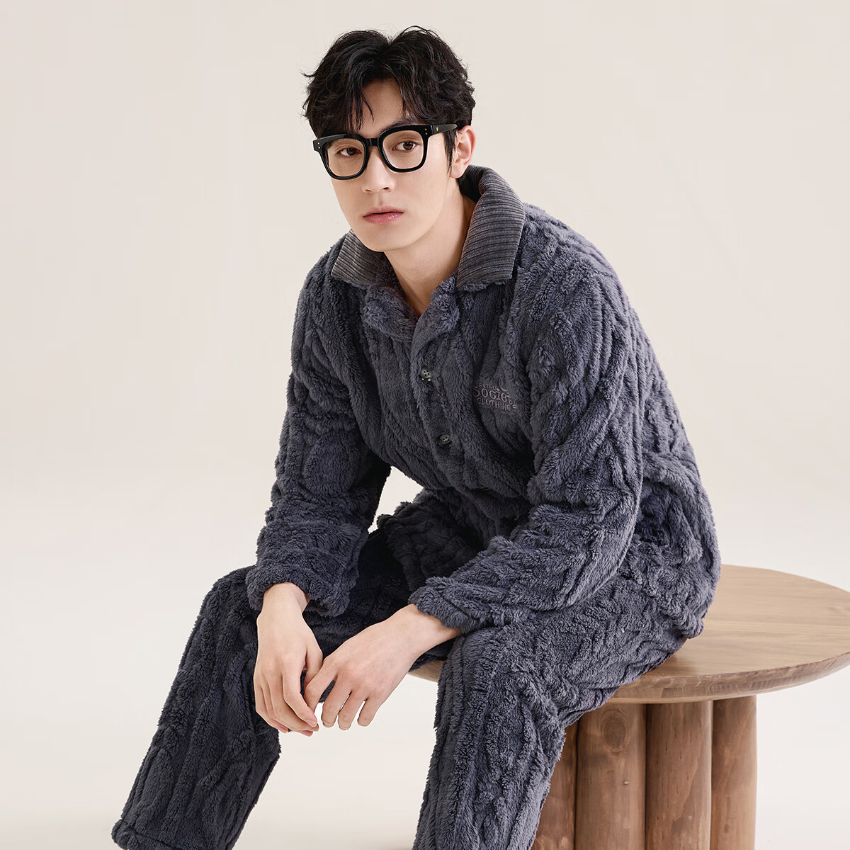 玛伦萨（manza）保暖睡衣男士冬季新款翻领纹理感加绒加厚珊瑚绒家居服套装 高贵灰 L