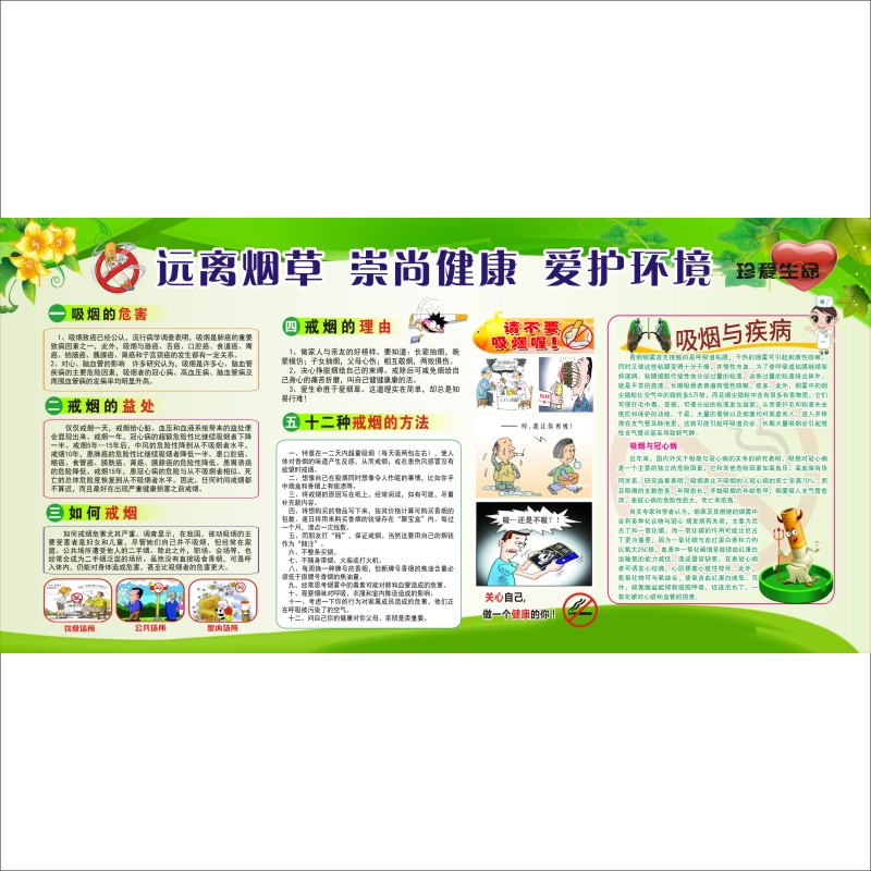 旺月岚山禁烟控烟宣传海报 吸烟有害健康环保挂图 禁止吸烟宣传画墙贴