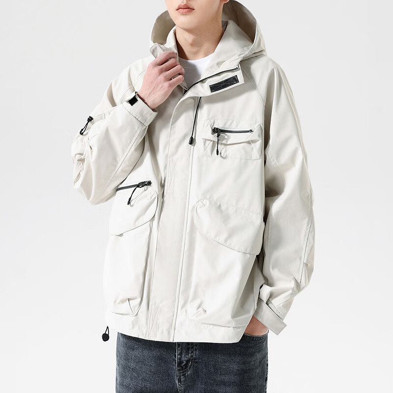 布衣传说夹克男连帽工装风春秋款宽松青年薄外套百搭潮牌上衣服 米杏