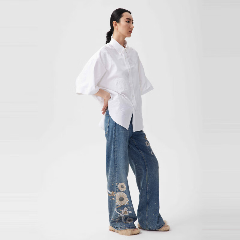 TCH真5折服饰秋季新款烫钻提花时尚潮流衬衫短袖T恤上衣男女同款T7 白色 L