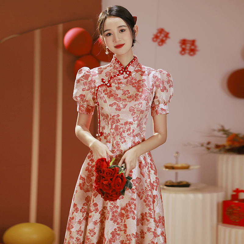 yinfan敬酒服新娘旗袍小个子法式复古出阁宴回门服订婚礼服连衣裙女