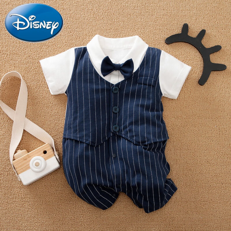 迪士尼（Disney）新生婴儿西装夏季宝宝周岁礼服男童绅士服套装婴儿连体外出服短袖 藏蓝条纹领结 【可开档】 90