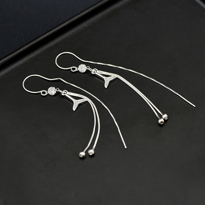 韩生生银耳线999足银气质长款美人鱼尾形耳钩流苏耳坠耳环镶钻生日