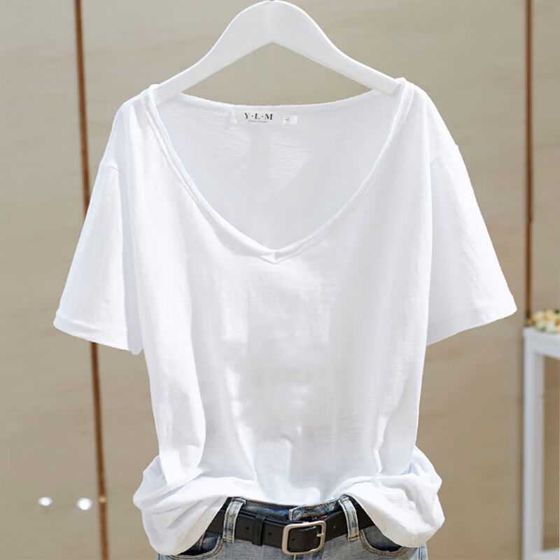 大领口低领短袖t恤女宽松宽领短袖t恤女韩版宽松v领印花2022夏季新款