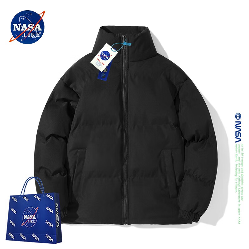 NASA LIKE官方潮牌棉服冬季纯色男士棉衣加厚保暖羽绒棉服宽松大码外套袄子 黑色 2XL（建议146-160斤）