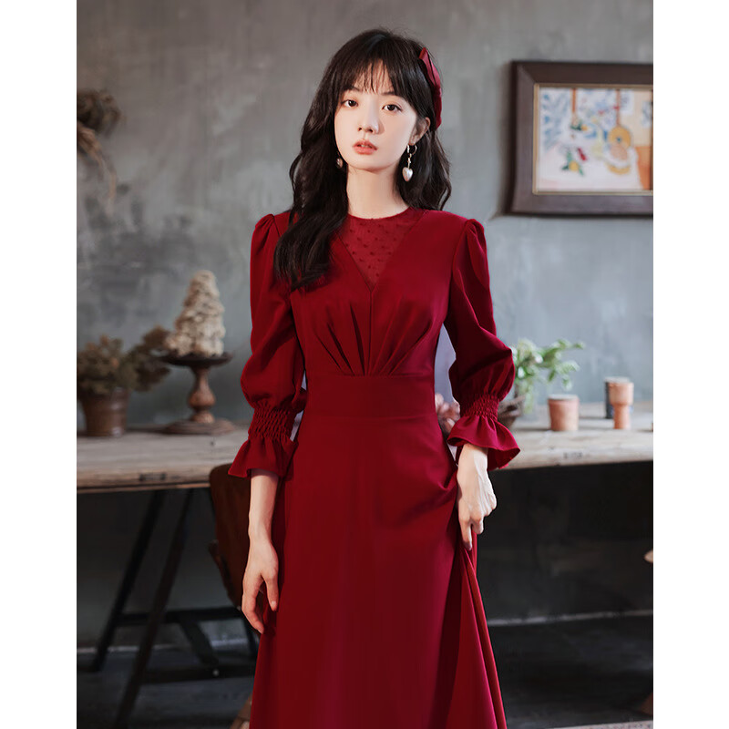 绮岑 小个子秋季伴娘服连衣裙平时可穿七分袖敬酒服新娘女酒红色气质