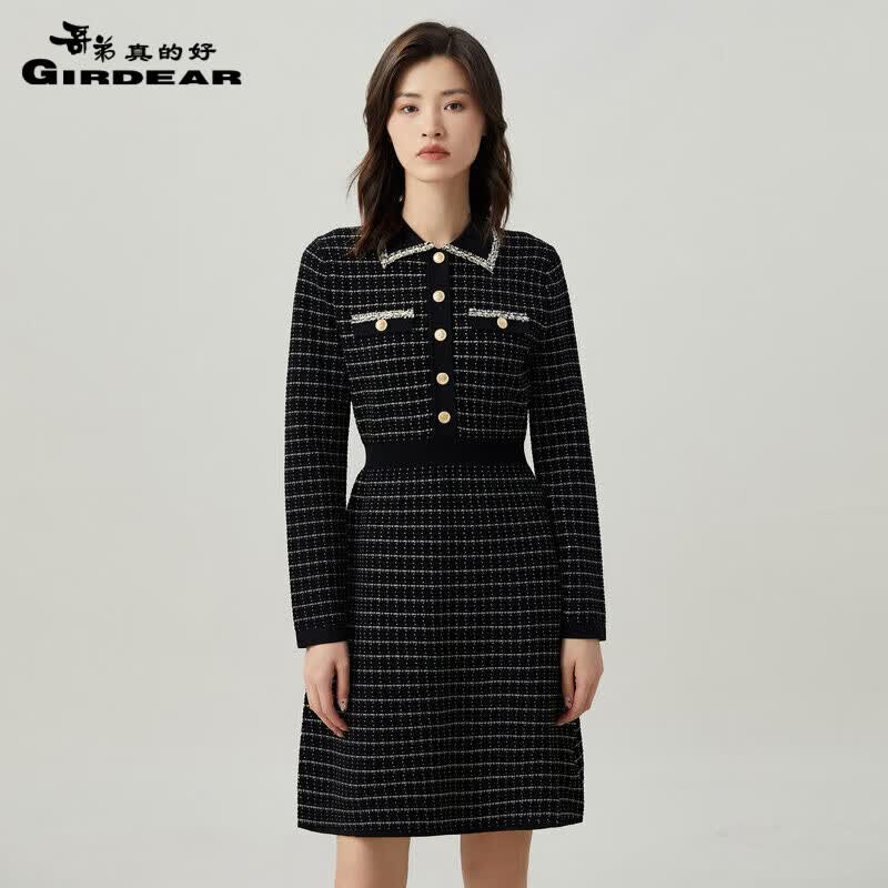 哥弟真的好女装新款气质翻领拼色小香风针织连衣裙A500236 黑 L(4码)属于什么档次？