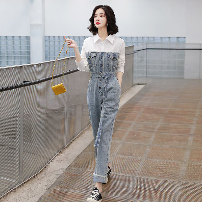 清雅若兰大码23春装新款时尚休闲高腰衬衫牛仔拼接连体裤长裤配腰带