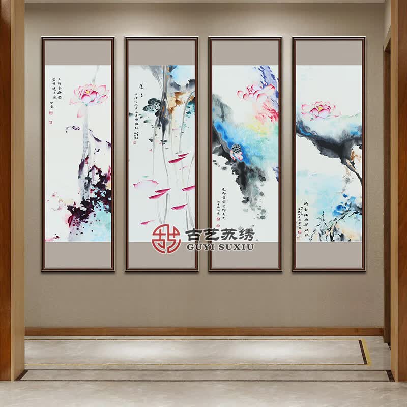 古艺(traditional arts)苏绣成品和和美美四条屏客厅餐厅别墅书房手工