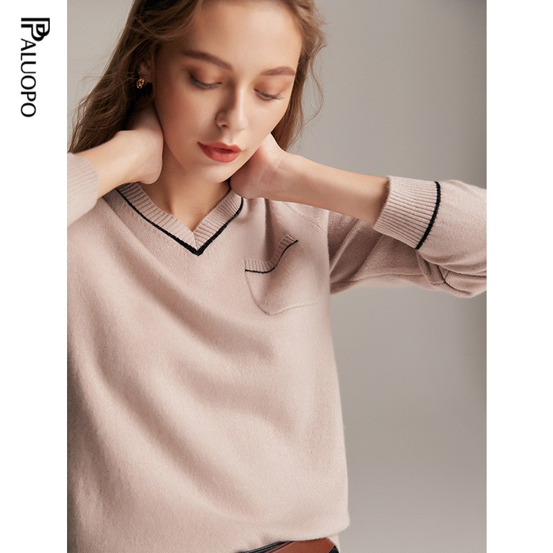帕罗（PALUOPO）羊绒衫女v领拼色秋冬100%山羊绒打底条纹提花口袋时尚保暖针织衣 驼灰 L 165/105