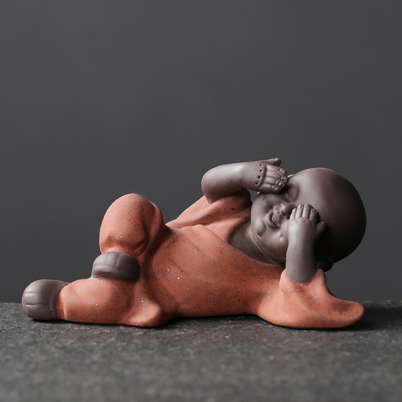 葵影 紫砂茶宠躺三不和尚小沙弥卧姿小和尚人物手工茶玩精品摆件 躺三