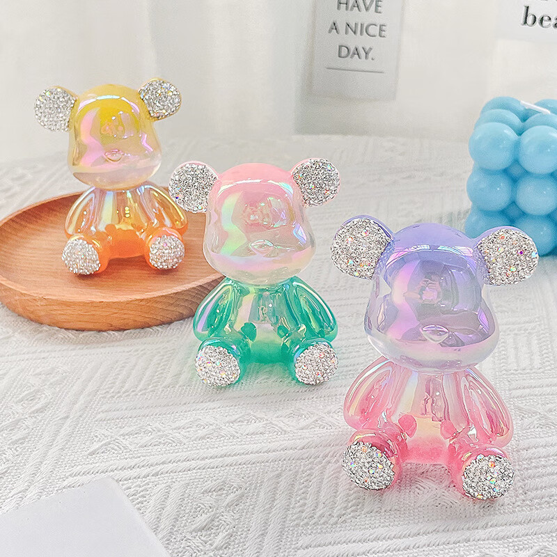 新款创意透明树脂彩色电镀小熊镶钻可爱暴力熊汽车客厅装饰摆件潮 紫粉色 7cm