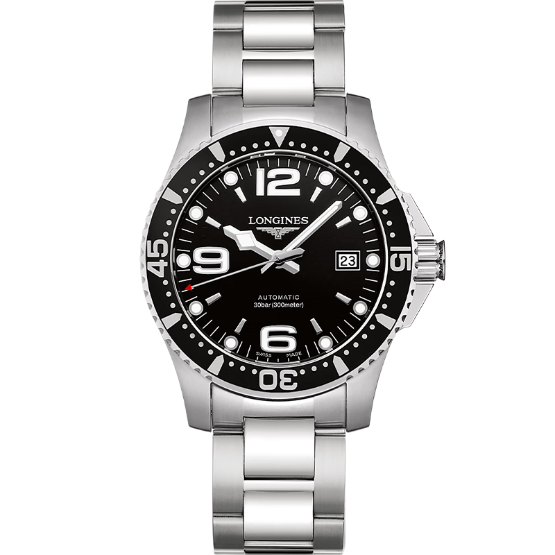 浪琴（LONGINES）瑞士手表 康卡斯?jié)撍盗?機械鋼帶男表 L37424566 黑色太陽飾紋41.0 mm