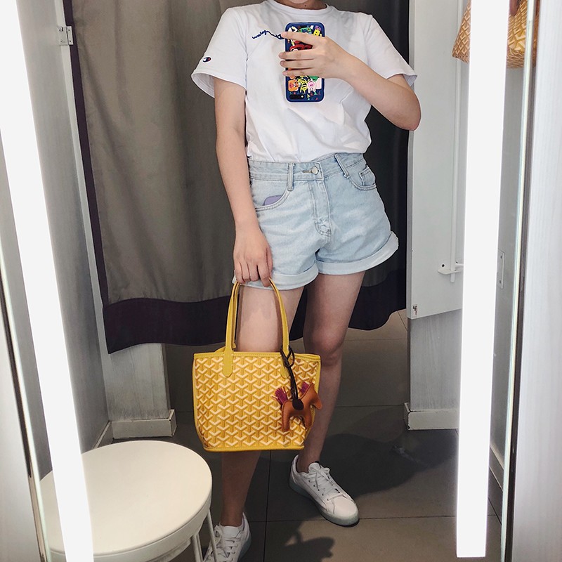 宏唯新品狗牙包菜篮子单肩手拎包包手提女神节托特包女神节包包女 黄色 小号 送小马