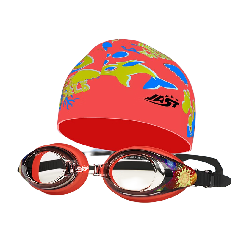 佳斯特（JAST） 兒童泳鏡 防水防霧高清舒適游泳鏡 5-12歲男女童游泳眼鏡 JT310 紅色朝陽泳鏡+紅色海豚泳帽