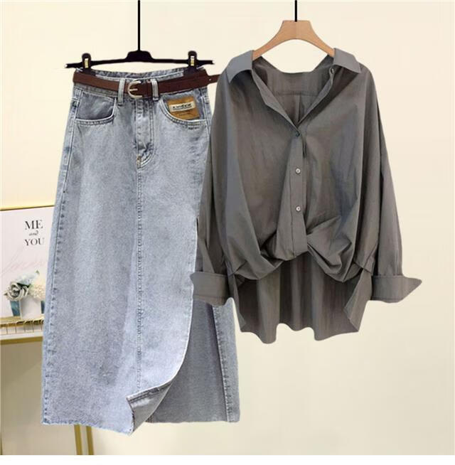 灰色衬衫 蓝色牛仔半身裙 2xl[建议140-160斤]