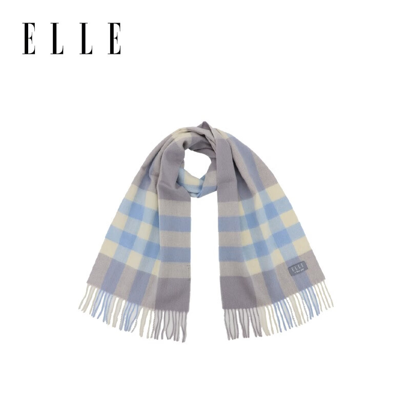 ELLE100%羊毛围巾女士秋冬季保暖时尚百搭格子围脖 驼格
