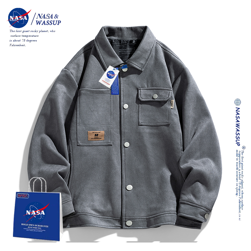 NASA WASSUP官方潮牌联名外套男韩版纯色夹克大码麂皮绒衣服男士帅气休闲上衣 灰色 M（建议100-120斤）