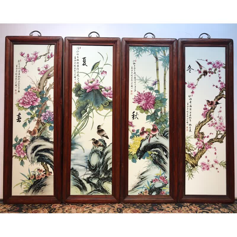 古典家具刘雨岑作品红木镶瓷板画春夏秋冬四条挂屏xf499
