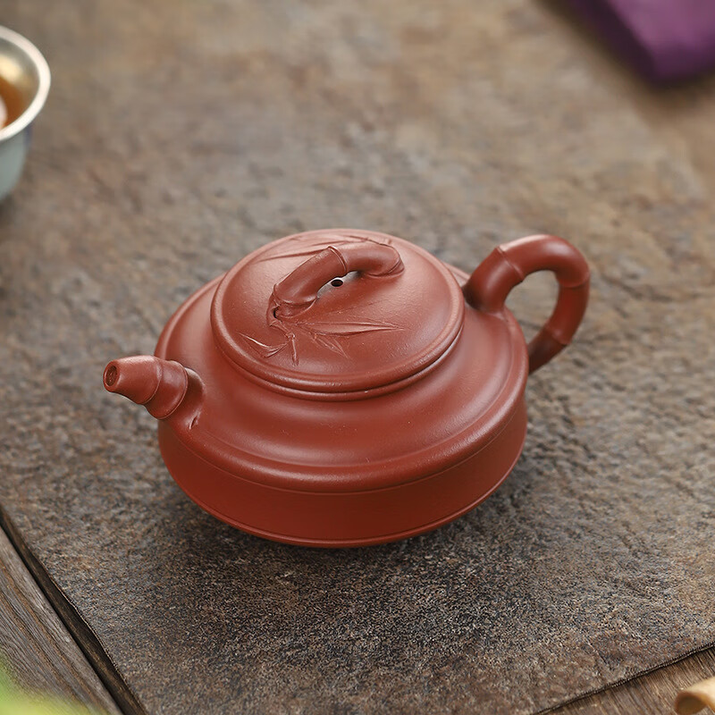 夏茗堂(xiamingtang)宜兴沈丹紫砂壶朱泥双线竹鼓手工贴花竹叶茶具