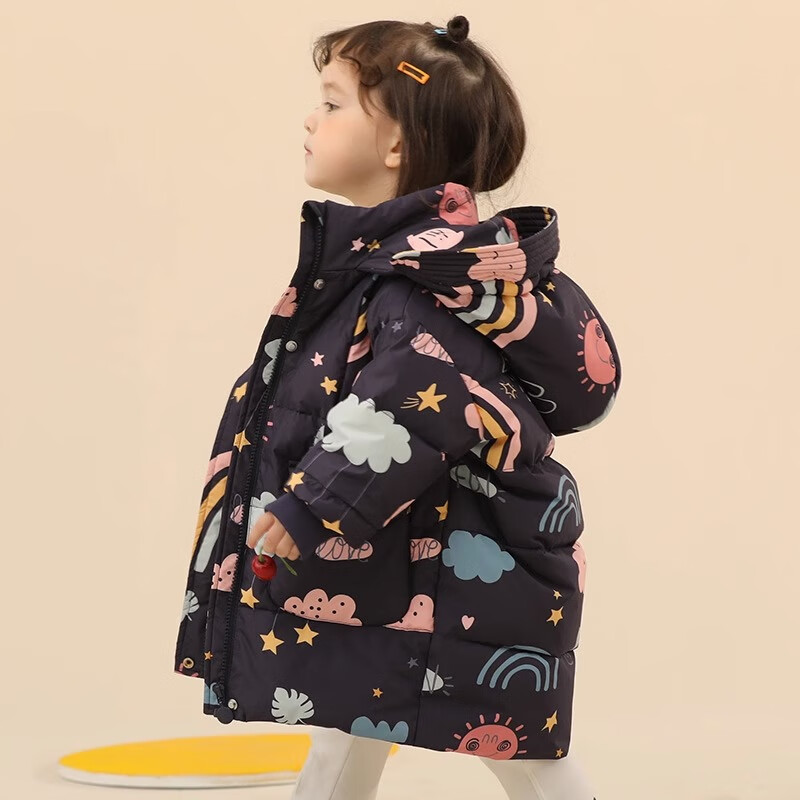 康博女童羽绒服中长款2024新款洋气韩版加厚冬季儿童女孩宝宝保暖外套 浅粉色 100