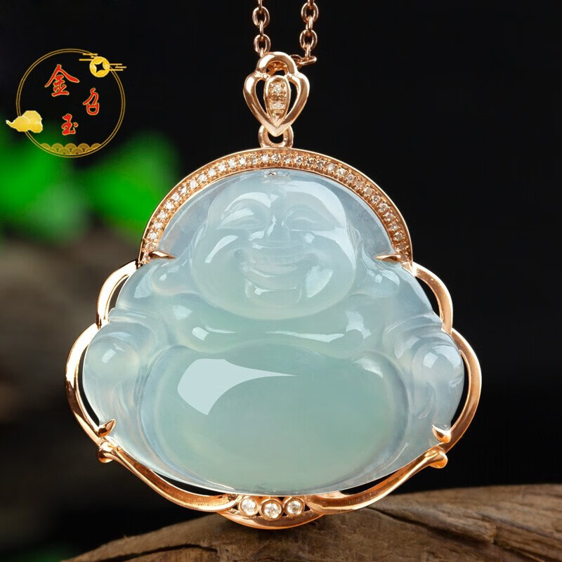 金召玉缅甸a货翡翠吊坠18k金镶钻冰种玉佛吊坠女款佛公玉坠子礼物