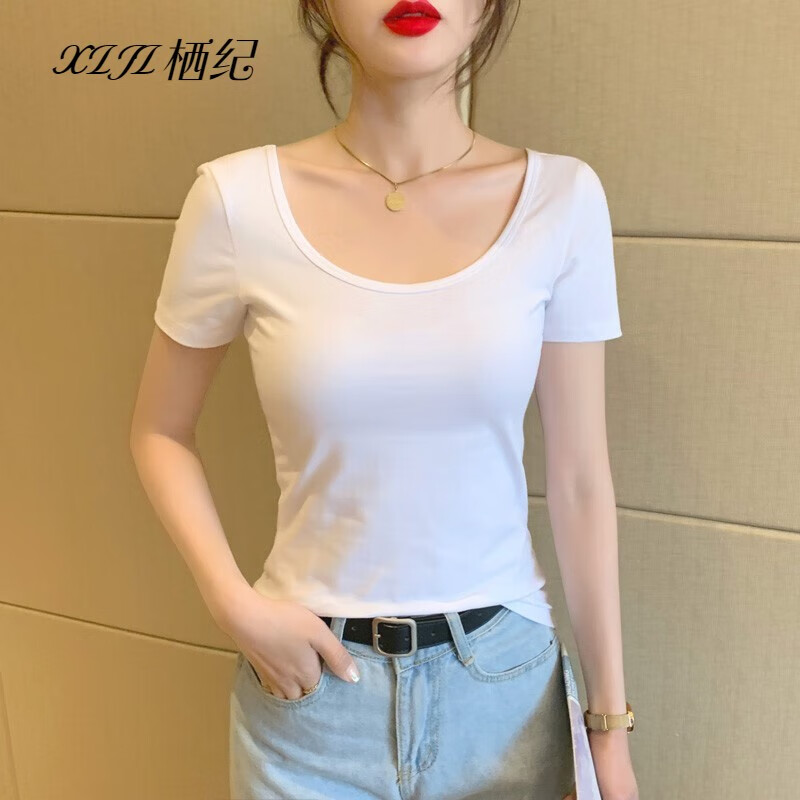棲紀(jì)白色u領(lǐng)短袖t恤女夏2023新款低領(lǐng)緊身純色百搭打底露背大領(lǐng)口上衣 白色 XL  建議(106-120斤)