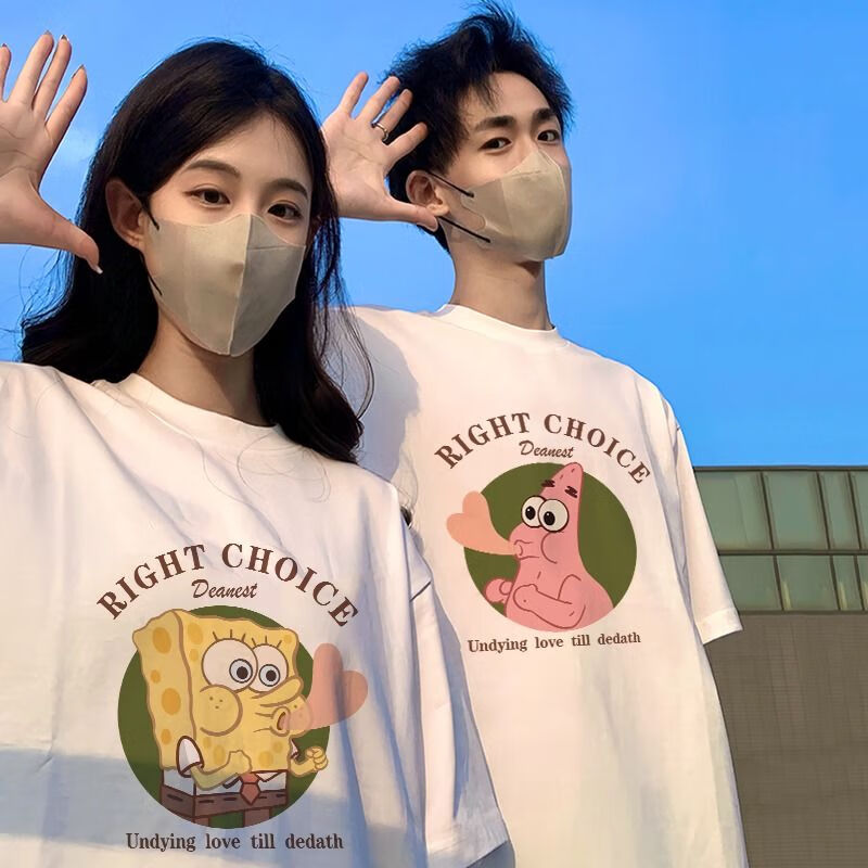 情侣装短袖t恤女潮流宽松慵懒风设计感小 海绵宝宝1(白色男 白色女)