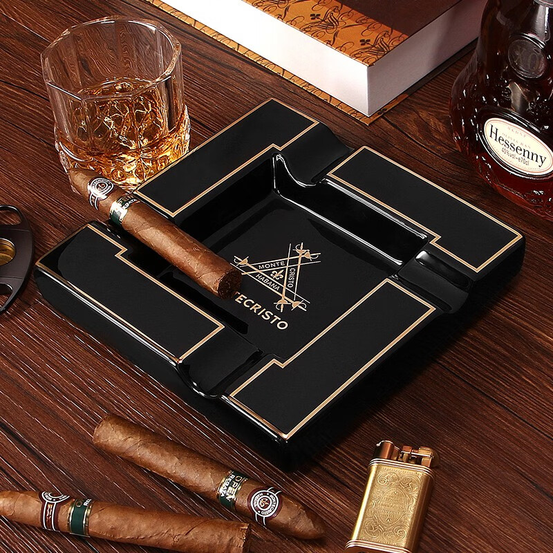 茄龙 （CIGARLOONG）雪茄烟灰缸陶瓷创意大口径雪茄烟槽办公室专用烟缸 黑色