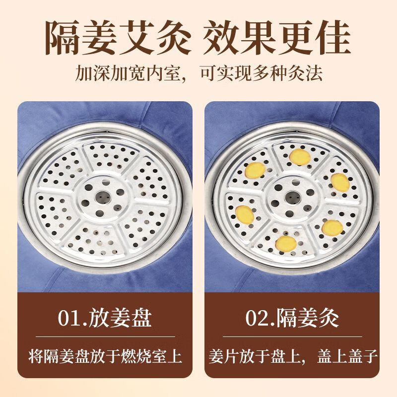 艾灸肚子腹部无烟祛湿气坐垫蒲团无烟艾灸盒随身灸家用妇科腹宫部寒熏蒸仪器具坐灸凳 【喜艾优品】蓝色刺绣-恒温款 小礼包（隔姜盘+穴位图+镊子）
