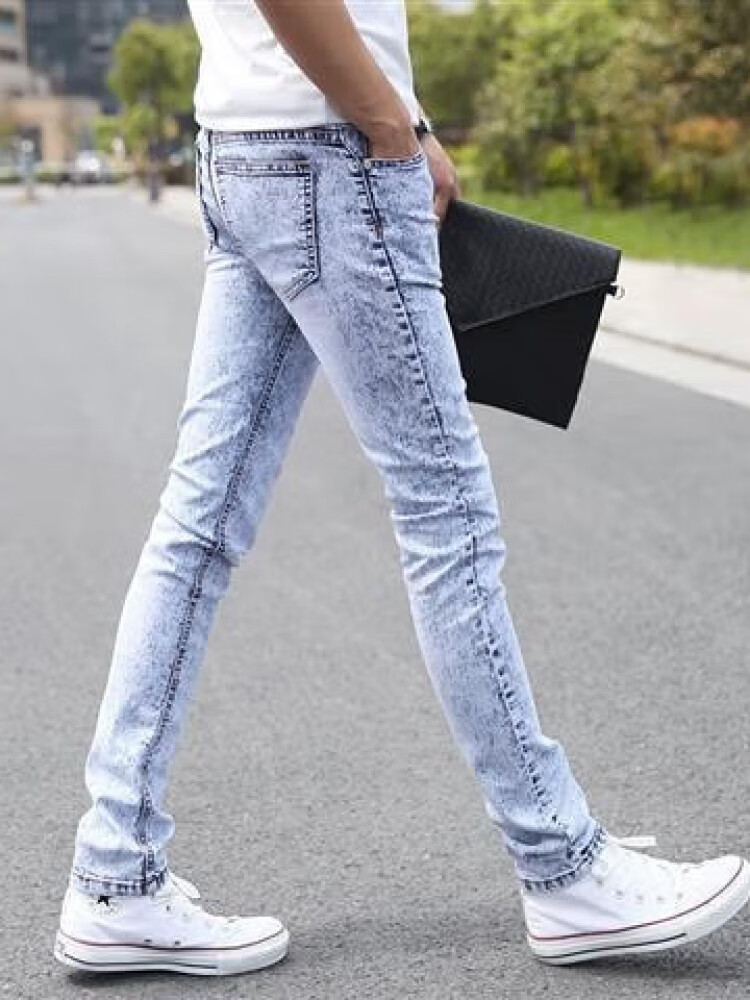 夏季薄牛仔裤男雪花浅白修身社会人紧身脚裤子潮流 雪花浅白色单件 28