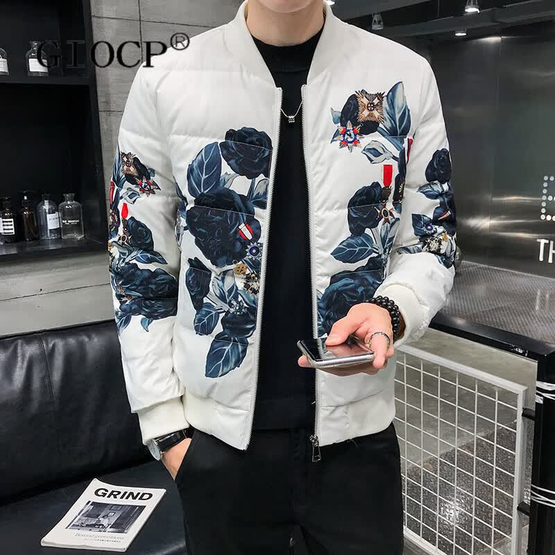 GIOCP香港潮牌欧洲站冬季新款羽绒外套男修身青年帅气印花个性男士羽绒服潮加厚男装 白色 M