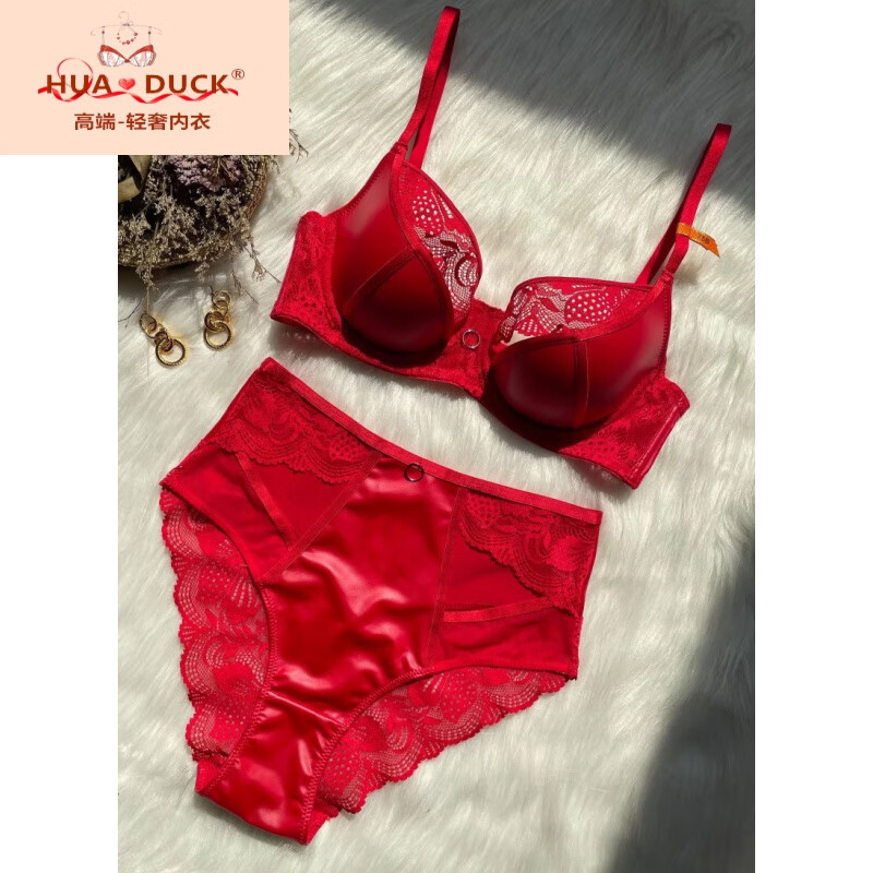 duck国际品牌轻奢侈新款皮质性感文胸套装pu蕾丝拼接红色本命红内衣