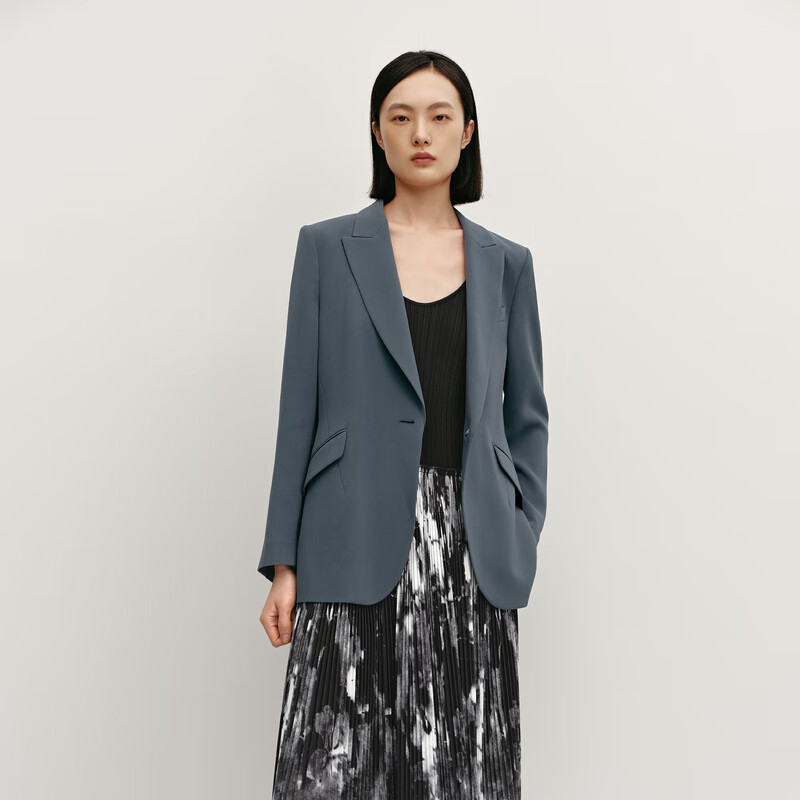 OVV2024秋冬新款女装戗驳领一粒扣简约优雅休闲西服外套 雾霾蓝 XS