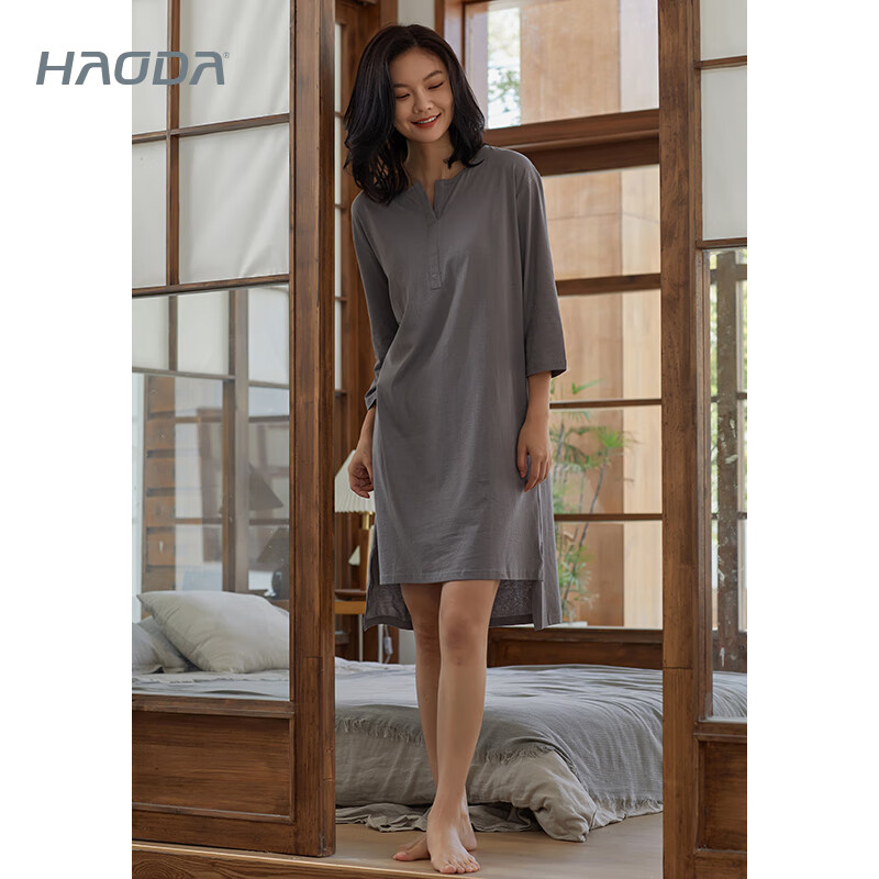 昊达（HAODA）睡裙女士春夏季纯棉裸感七分袖简约家居服 5856 5856灰色 M