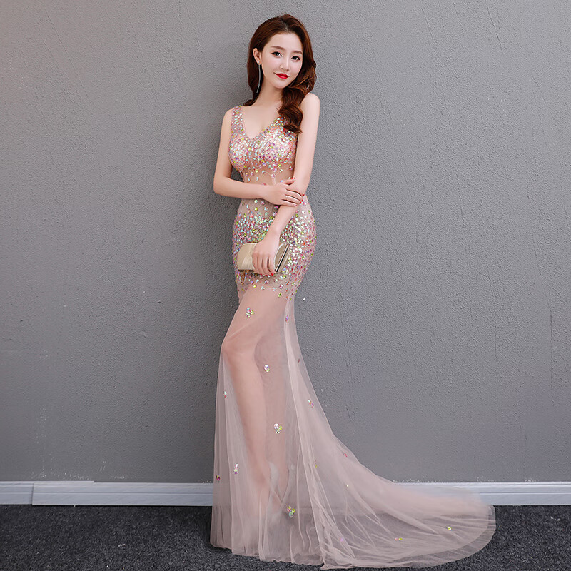 旻婷钻饰约会晚深v 彩钻透视装长款网纱透明礼服桑拿会所长裙新款