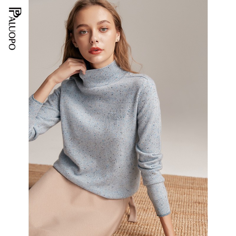 帕罗（PALUOPO）女半高领彩点夹花休闲个性提花秋冬保暖毛衣女长袖针织纯羊绒衫 天兰彩点 XL 170/110