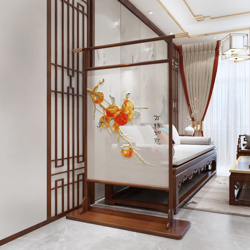 双面刺绣屏风隔断客厅入户玄关卧室中国风落地座屏 80*180 松木乔其纱